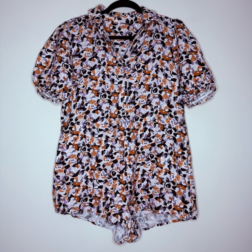 Boho Orange Purple Floral Puff Sleeve Buttondown Linen Blend Summer Romper